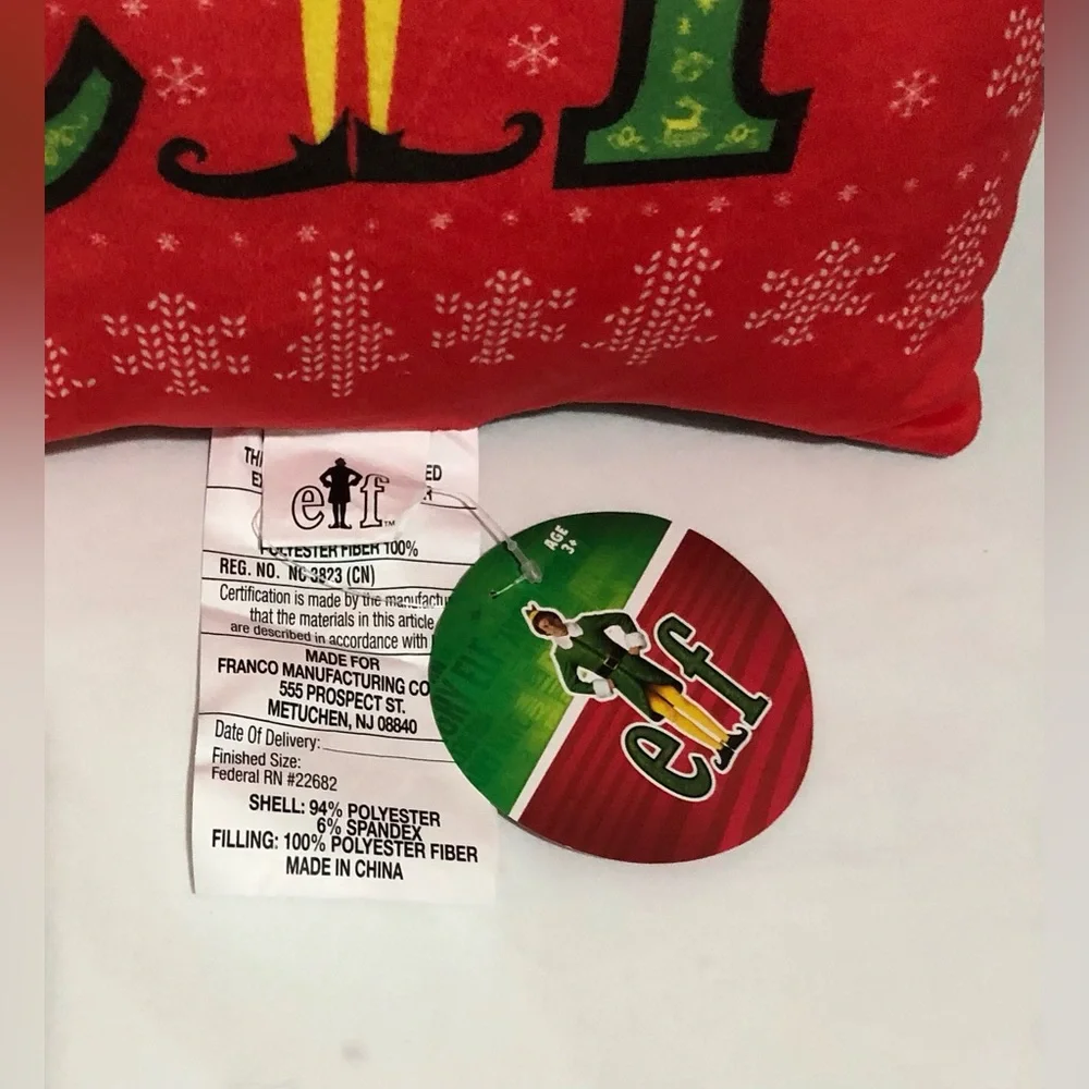 ELF Red and Green Holiday Elf squishy Pillow. 12”X12”